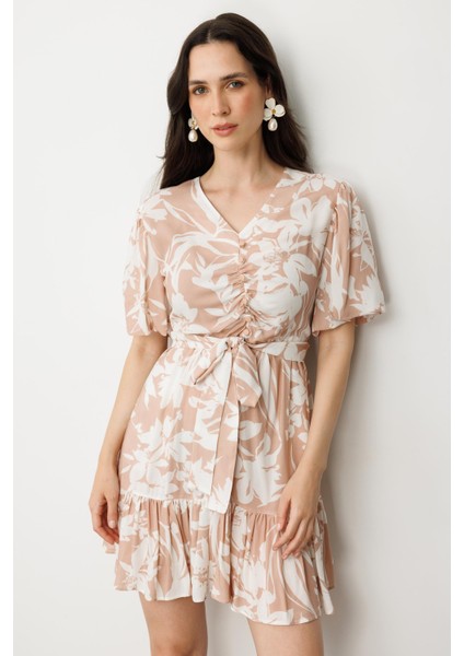 Baskılı Kuşaklı Viskon Elbise-Pudra modelleri