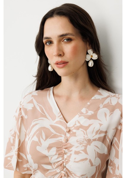 Baskılı Kuşaklı Viskon Elbise-Pudra fırsatları