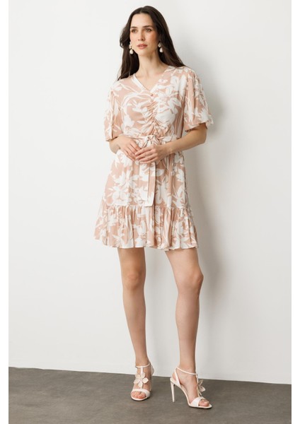 Baskılı Kuşaklı Viskon Elbise-Pudra indirimleri