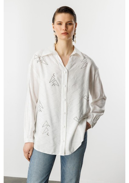 Taş Detay Desenli Gömlek-Kemık