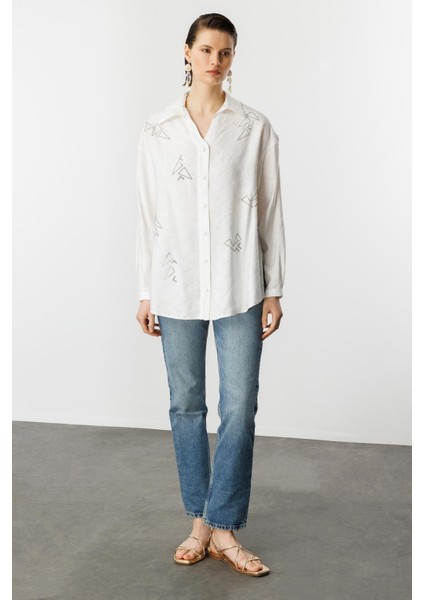 Taş Detay Desenli Gömlek-Kemık fiyatları