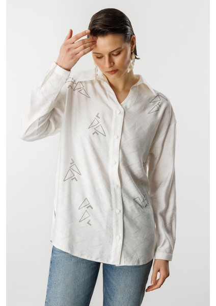 Taş Detay Desenli Gömlek-Kemık modelleri