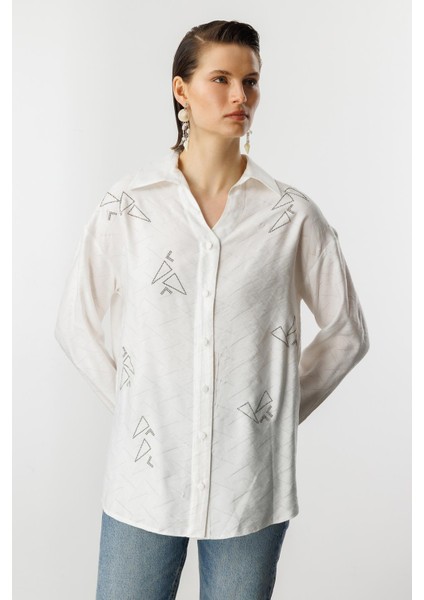 Taş Detay Desenli Gömlek-Kemık indirimleri