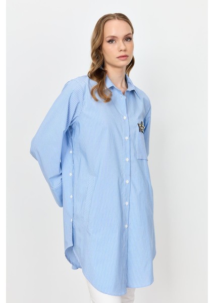 Broş Detay Çizgili Tunik Gömlek-Mavi