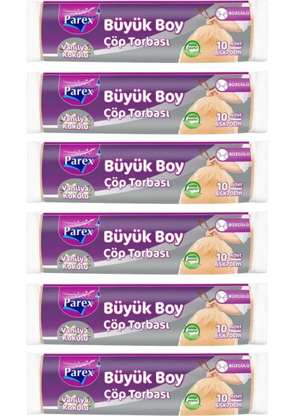 Büzgülü 10'lu Çöp Torbası Vanilya Kokulu Büyük Boy 65 x 70 cm Altılı Paket