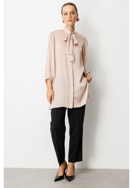 Kendinden Desenli Saten Tunik Gömlek-Gül Kurusu