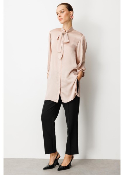 Kendinden Desenli Saten Tunik Gömlek-Gül Kurusu fiyatları