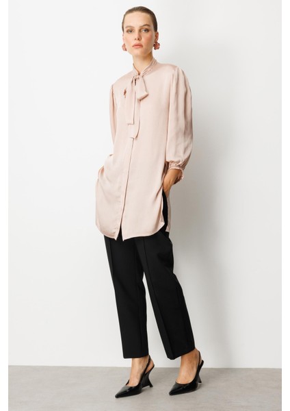 Kendinden Desenli Saten Tunik Gömlek-Gül Kurusu modelleri