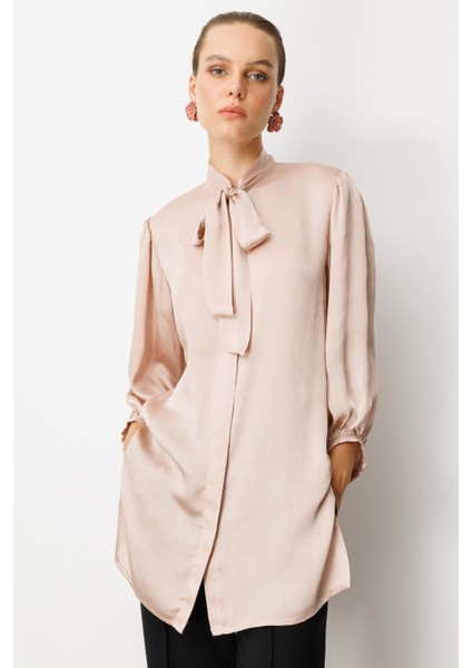 Kendinden Desenli Saten Tunik Gömlek-Gül Kurusu fırsatları