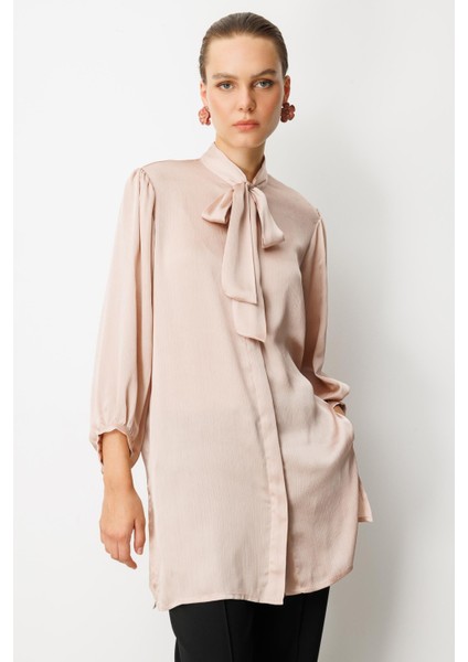 Kendinden Desenli Saten Tunik Gömlek-Gül Kurusu indirimleri