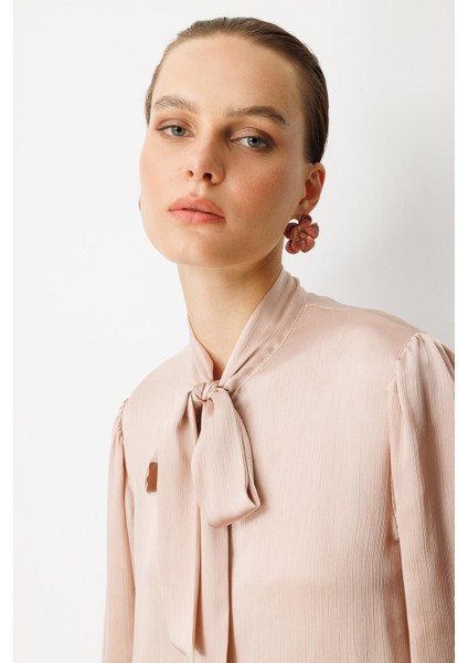 Kendinden Desenli Saten Tunik Gömlek-Gül Kurusu