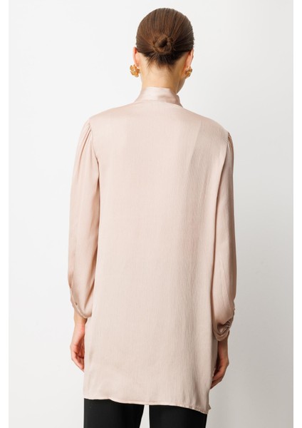 Kendinden Desenli Saten Tunik Gömlek-Gül Kurusu