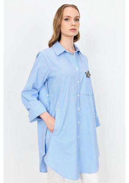Broş Detay Çizgili Tunik Gömlek-Mavi fiyatları