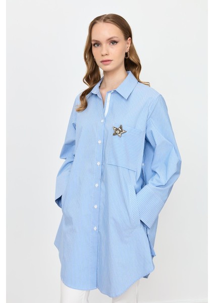 Broş Detay Çizgili Tunik Gömlek-Mavi modelleri