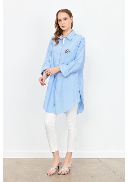 Broş Detay Çizgili Tunik Gömlek-Mavi fırsatları