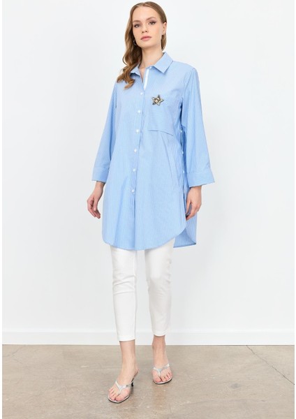 Broş Detay Çizgili Tunik Gömlek-Mavi indirimleri