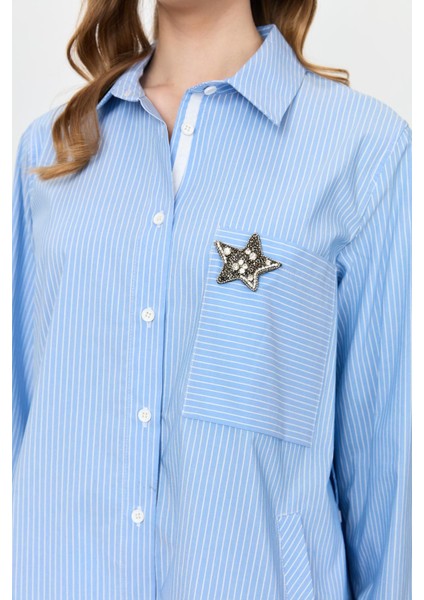 Broş Detay Çizgili Tunik Gömlek-Mavi