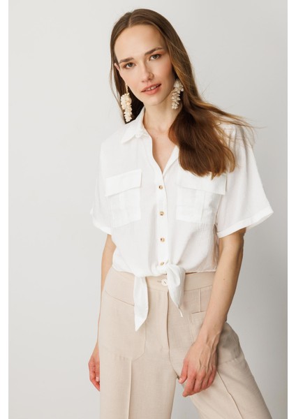 Bağlama Detaylı Crop Gömlek-Ekru