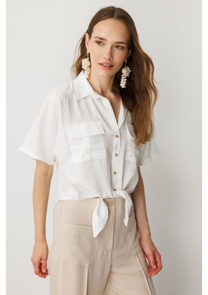 Bağlama Detaylı Crop Gömlek-Ekru fırsatları