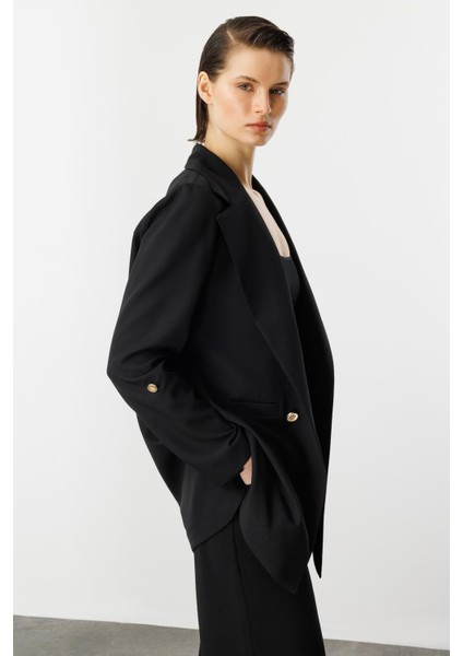 Katlanabilir Kol Detaylı Uzun Ceket-Siyah