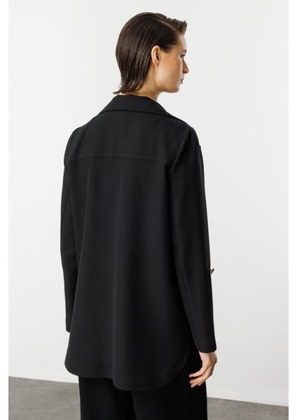 Katlanabilir Kol Detaylı Uzun Ceket-Siyah