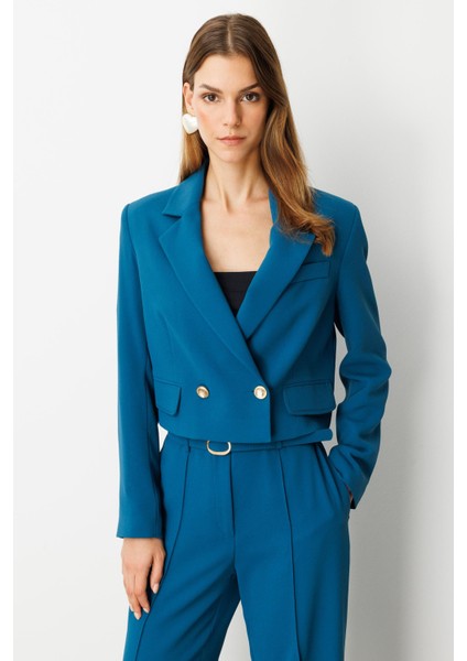 Kruvaze Yaka Kısa Ceket-Petrol