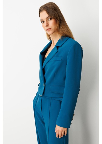 Kruvaze Yaka Kısa Ceket-Petrol fırsatları