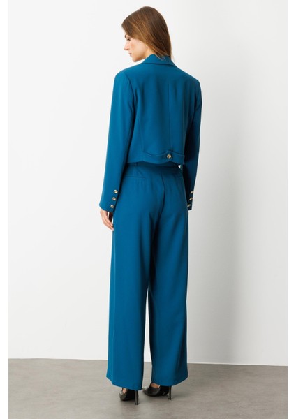 Kruvaze Yaka Kısa Ceket-Petrol