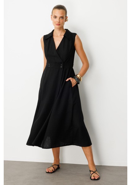 Beli Lastikli Kruvaze Yaka Elbise-Siyah