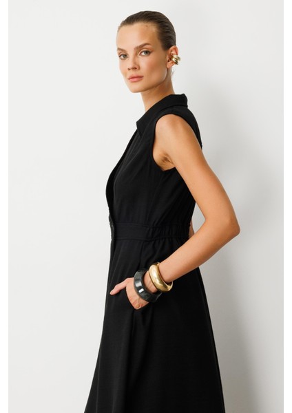 Beli Lastikli Kruvaze Yaka Elbise-Siyah fırsatları