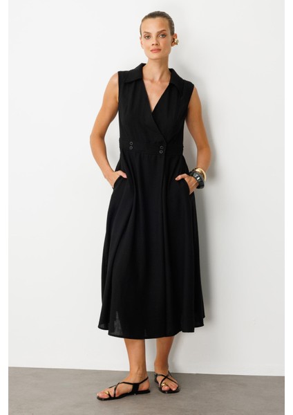 Beli Lastikli Kruvaze Yaka Elbise-Siyah indirimleri