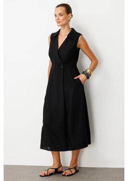 Beli Lastikli Kruvaze Yaka Elbise-Siyah