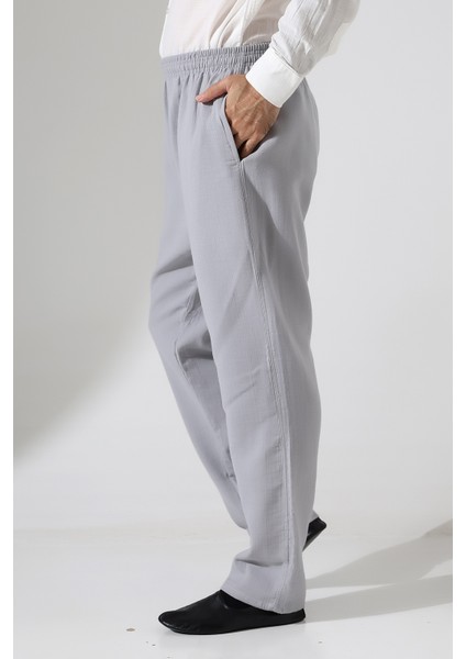 Erkek Lastikli Bel Cepli Hac Umre Müslin Pantolon - Gri (Ans)