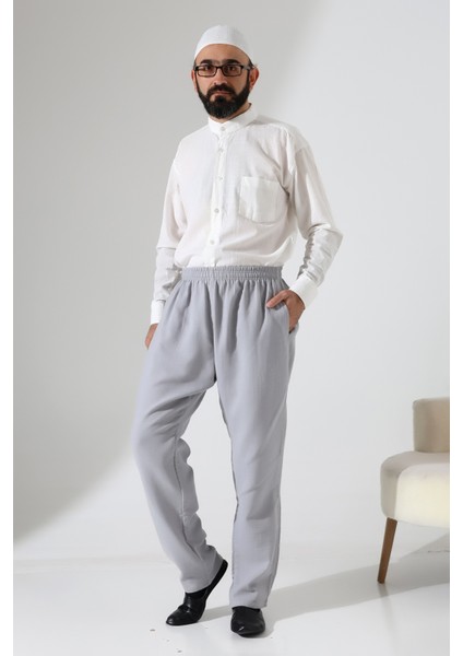 Erkek Lastikli Bel Cepli Hac Umre Müslin Pantolon - Gri (Ans) fiyatları