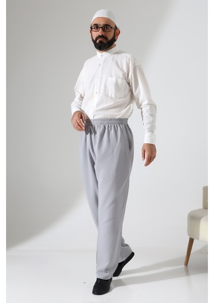 Erkek Lastikli Bel Cepli Hac Umre Müslin Pantolon - Gri (Ans) fırsatları