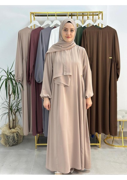 Şallı ,tesettür Yandan Büzgülü Elbise Takım Jilbab,abaya,hijab ( Hac ve Umre Için Bej Renk
