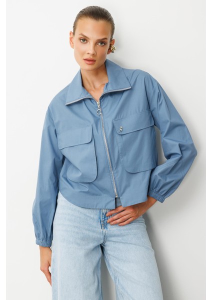 Cep Detay Fermuarlı Gömlek-Indigo