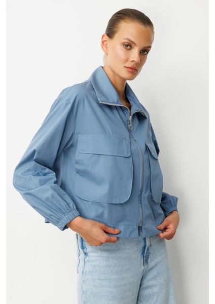 Cep Detay Fermuarlı Gömlek-Indigo fırsatları