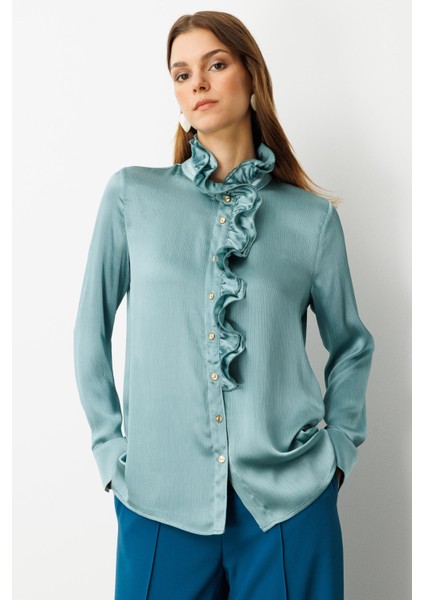 Farbela Detaylı Saten Gömlek-Mınt indirimleri