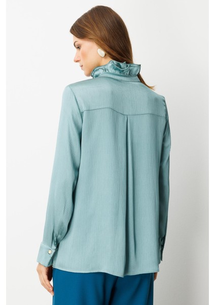 Farbela Detaylı Saten Gömlek-Mınt
