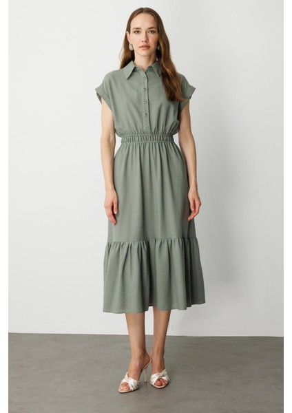 Keten Görünüm Farbela Detaylı Uzun Elbise-Çağla modelleri