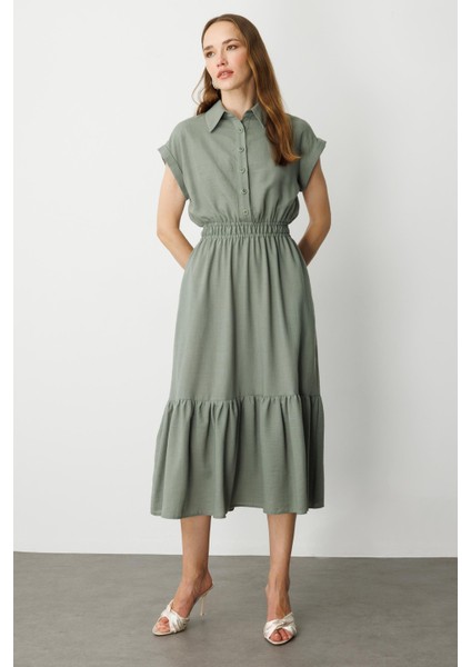 Keten Görünüm Farbela Detaylı Uzun Elbise-Çağla fırsatları