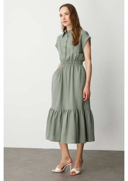 Keten Görünüm Farbela Detaylı Uzun Elbise-Çağla indirimleri