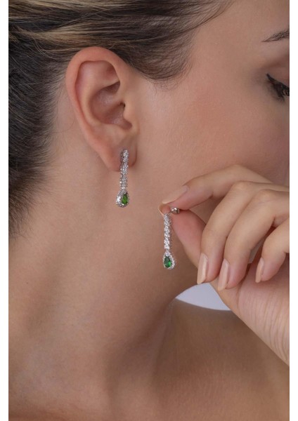 Zümrüt Taşlı Damla Motifli Rodyum Kaplama Gümüş Küpe fiyatları