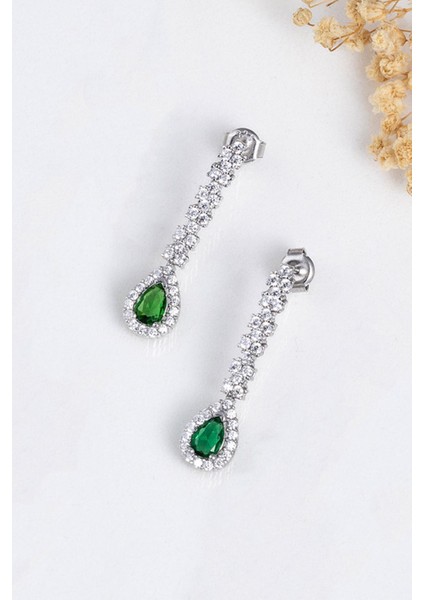 Zümrüt Taşlı Damla Motifli Rodyum Kaplama Gümüş Küpe fırsatları
