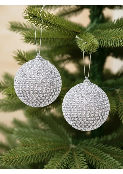 Yılbaşı Topu Kristal Taş Kaplama Çam Ağacı Süsü Gümüş 10 cm 2'li