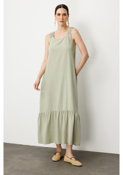 Keten Görünümlü Askılı Uzun Elbise-Çağla