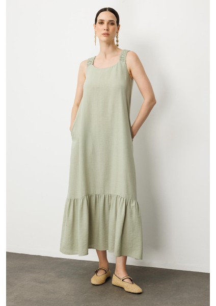 Keten Görünümlü Askılı Uzun Elbise-Çağla fiyatları
