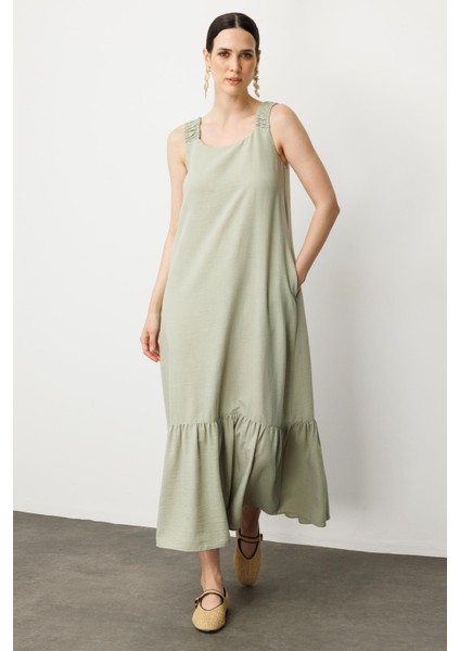 Keten Görünümlü Askılı Uzun Elbise-Çağla modelleri