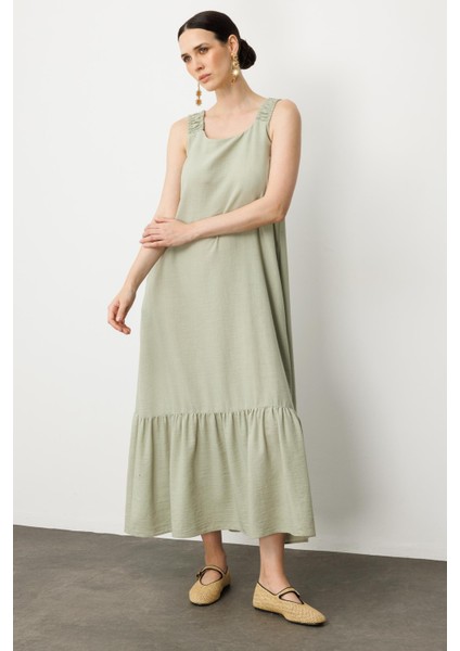 Keten Görünümlü Askılı Uzun Elbise-Çağla fırsatları